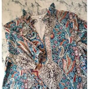 Maxi Shift Dress Large Floral Paisley Tiered Ruffle Boho Cottagecore Casual
